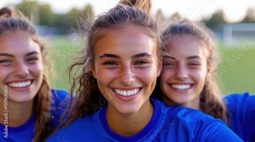 Three young women in blue sports jerseys pose together with wide smiles in a sunlit outdoor setting, showcasing friendship, joy, and youthful energy.