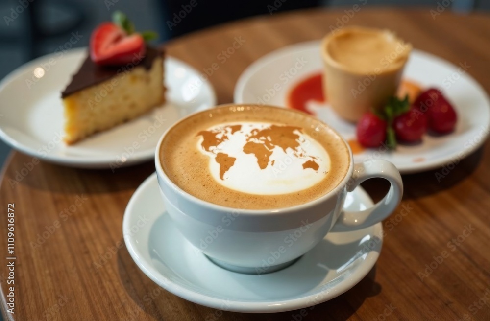 World map made of cinnamon on cappuccino foam. Cup of coffee, dessert, boarding passes. Travel concept. Cappuccino at the airport World map made of cinnamon on cappuccino foam. Cup of coffee, dessert, boarding passes. Travel concept. Cappuccino at the airport
