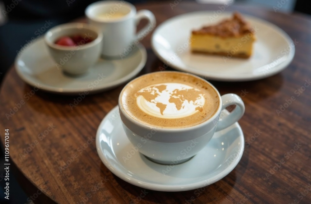 World map made of cinnamon on cappuccino foam. Cup of coffee, dessert, boarding passes. Travel concept. Cappuccino at the airport World map made of cinnamon on cappuccino foam. Cup of coffee, dessert, boarding passes. Travel concept. Cappuccino at the airport