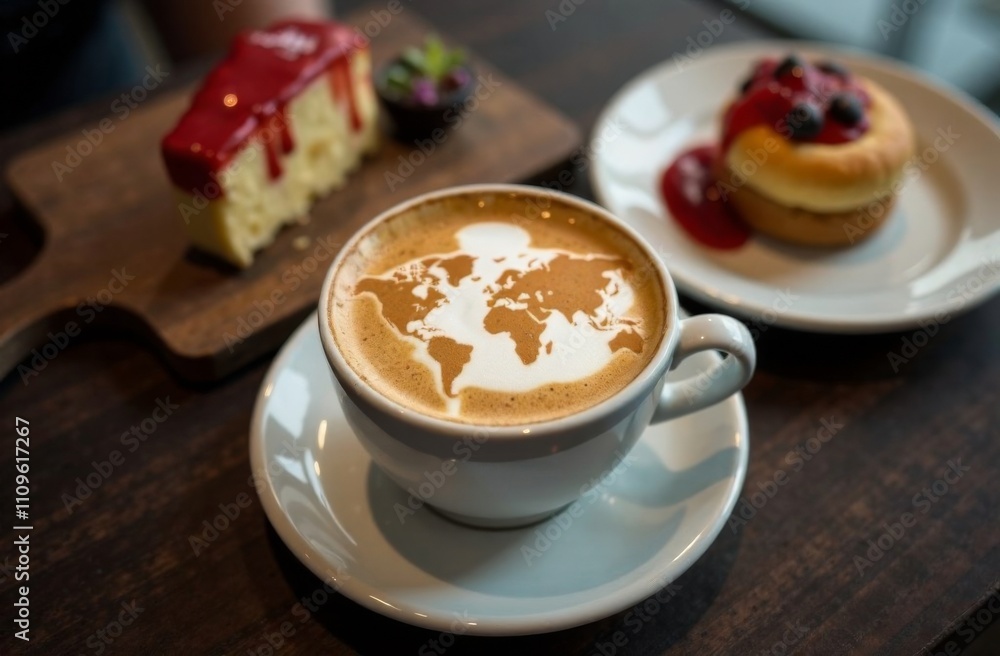 World map made of cinnamon on cappuccino foam. Cup of coffee, dessert, boarding passes. Travel concept. Cappuccino at the airport World map made of cinnamon on cappuccino foam. Cup of coffee, dessert, boarding passes. Travel concept. Cappuccino at the airport