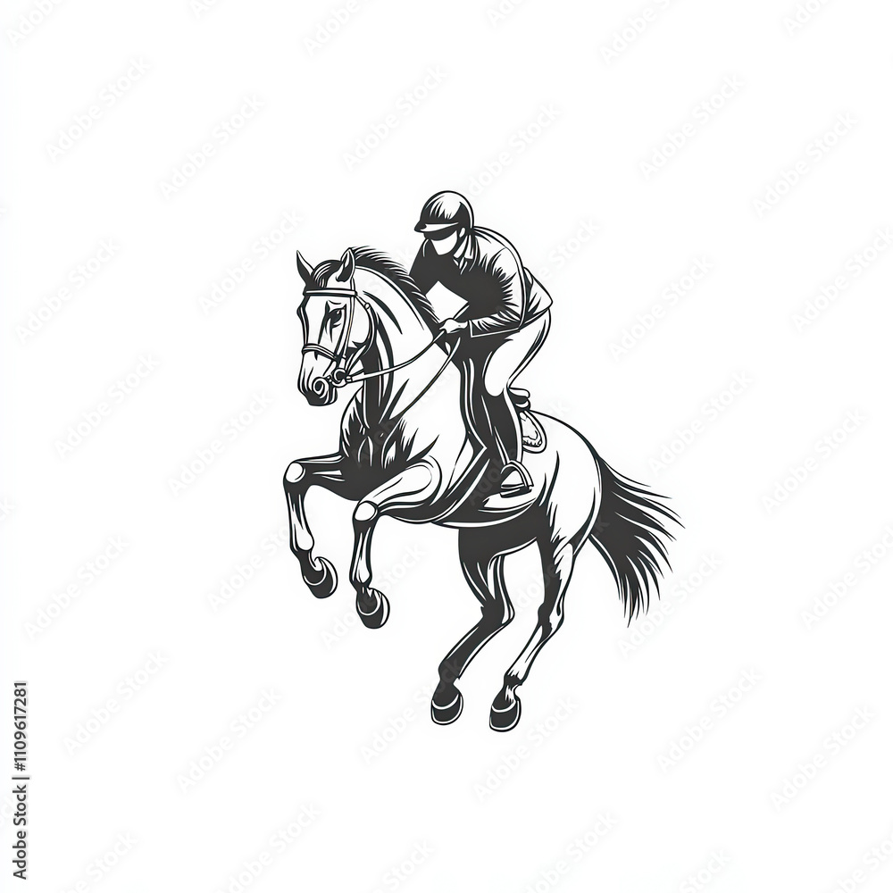 Horse And Rider Silhouette, Black And White Illustration Isolated On White Background Horse And Rider Silhouette, Black And White Illustration Isolated On White Background