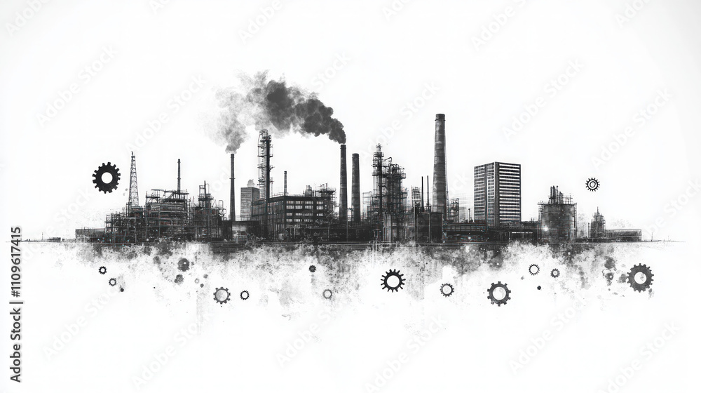 Fototapeta Industrial-Themed Design Showcasing Silhouettes Of Factory Buildings, Smokestacks, And Gear Icons In A Subtle Gray Scale On A Pure White Background, Symbolizing Production And Efficiency