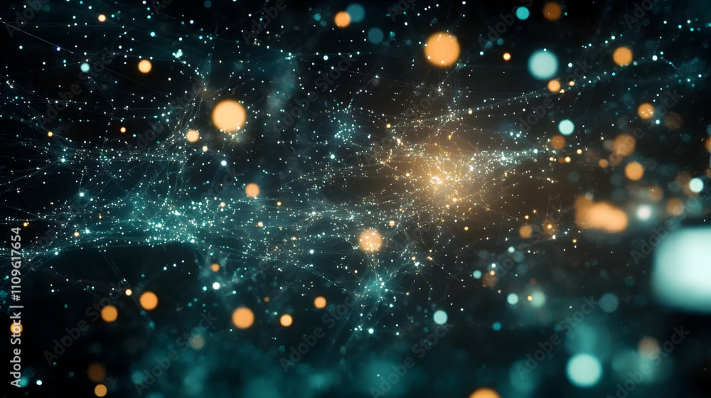 Obraz premium A glowing starry network of white and teal lights scattered in a dark space, representing data systems and connectivity.