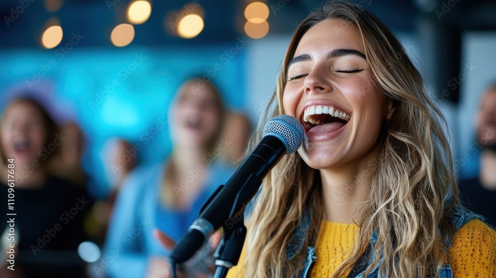 A blonde woman sings joyfully into a microphone, surrounded by cheering crowd and bright stage lights, capturing the essence of musical happiness and community. A blonde woman sings joyfully into a microphone, surrounded by cheering crowd and bright stage lights, capturing the essence of musical happiness and community.