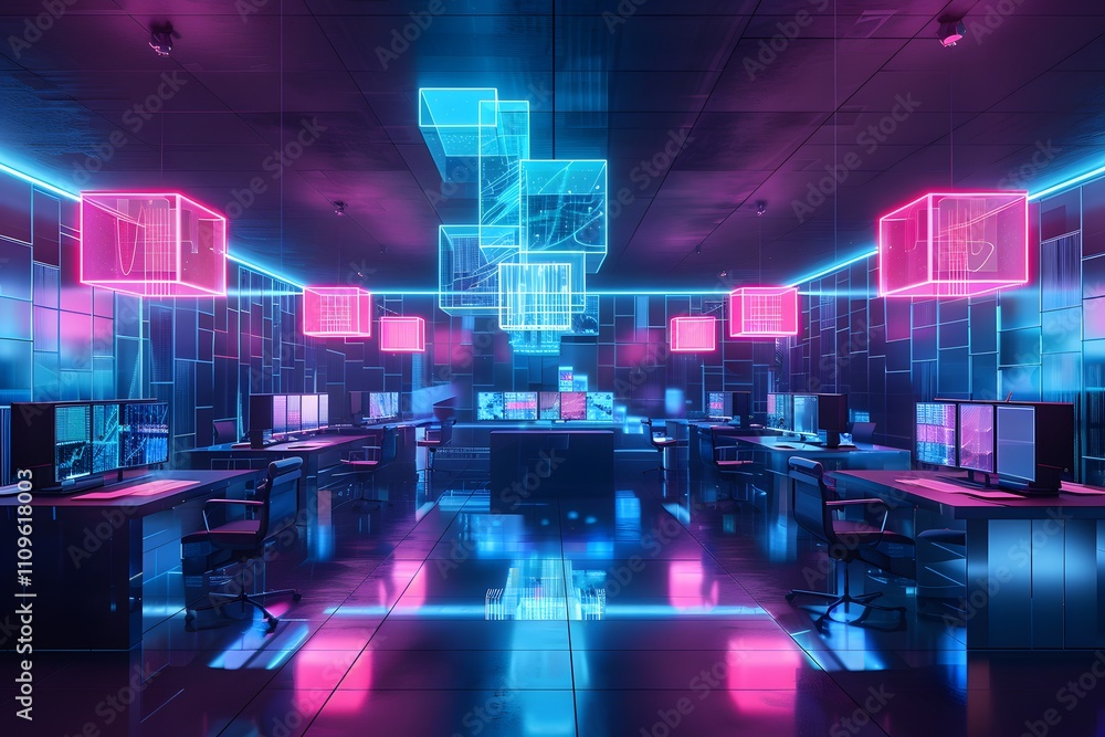 3D rendering of a futuristic hologram office with glowing neon lights and a sleek, modern design. 3D rendering of a futuristic hologram office with glowing neon lights and a sleek, modern design.