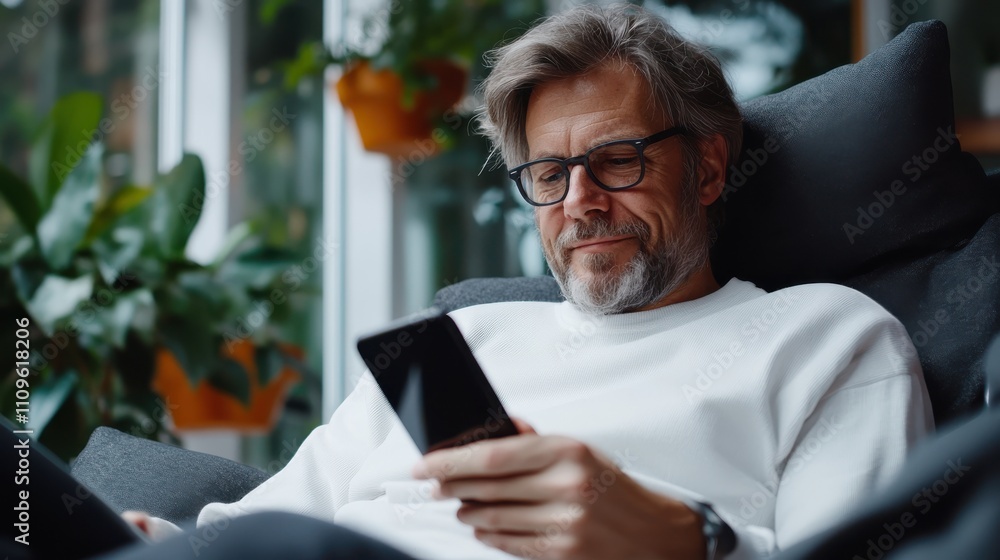 A mature man in a relaxed posture enjoys his smartphone, seated amidst greenery and relaxing ambiance, reflecting a modern lifestyle blend of tech and nature.