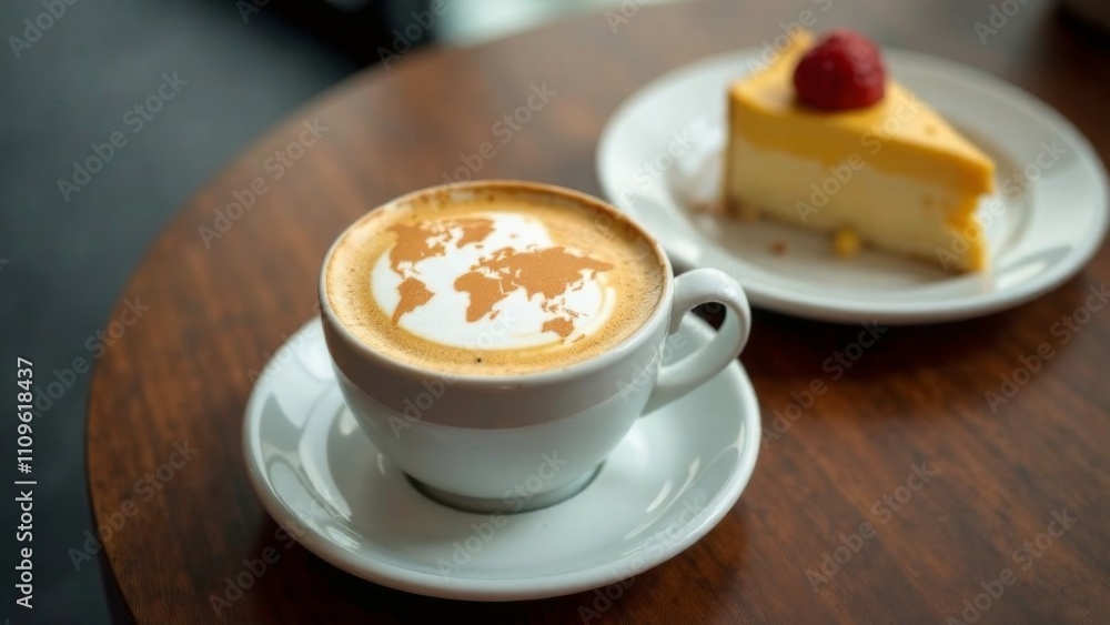 World map made of cinnamon on cappuccino foam. Cup of coffee, dessert, boarding passes. Travel concept. Cappuccino at the airport World map made of cinnamon on cappuccino foam. Cup of coffee, dessert, boarding passes. Travel concept. Cappuccino at the airport