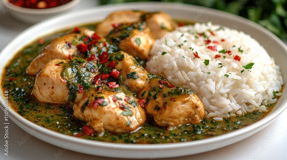 Deliciously prepared chicken served with fragrant white rice and herbs in a cozy setting Deliciously prepared chicken served with fragrant white rice and herbs in a cozy setting
