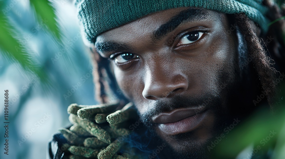 An intense, focused young man dons a green hat amidst lush foliage, exuding a vibe of concentration and profound connection with the surrounding environment. An intense, focused young man dons a green hat amidst lush foliage, exuding a vibe of concentration and profound connection with the surrounding environment.