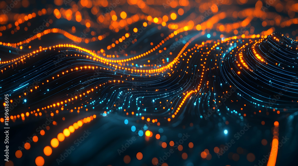 A glowing wave-like digital structure in blue and orange, symbolizing data flow and technological energy. A glowing wave-like digital structure in blue and orange, symbolizing data flow and technological energy.