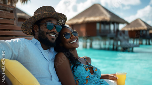 Happy African American couple relaxing at luxury overwater bungalow resort with turquoise ocean view. Romantic tropical vacation lifestyle portrait. Inclusive luxury tourism and exotic island getaways