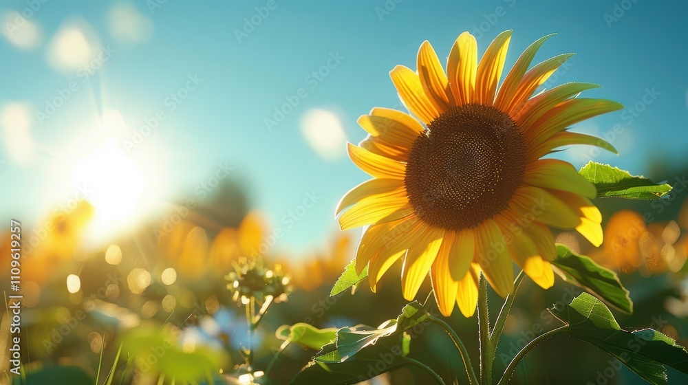 Fototapeta premium A vibrant sunflower basking in sunlight amidst a field of blooms.