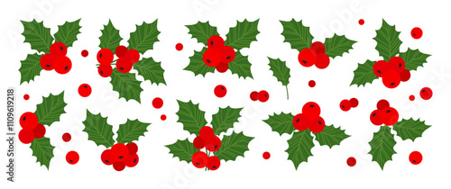 Holly berry and leaf, Christmas mistletoe icon, winter decoration, Xmas red ilex branch. Cartoon holiday set isolated on white background. Vector illustration