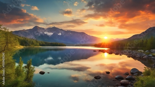 Wallpaper Mural  Sunset over a serene mountain lake with surrounding trees. Torontodigital.ca