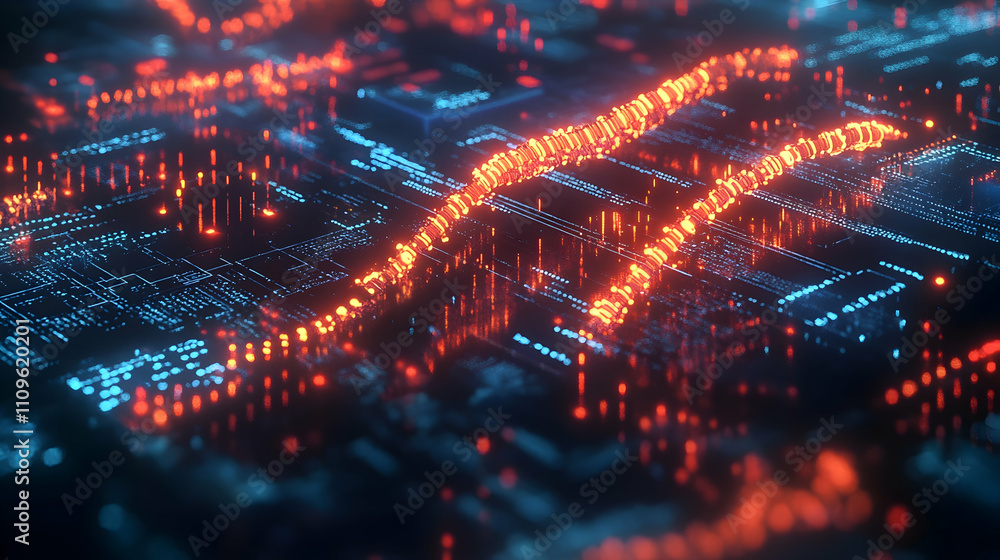 Fototapeta premium A digital representation of a DNA strand, glowing in orange and blue tones, intertwined with a futuristic circuit board design.