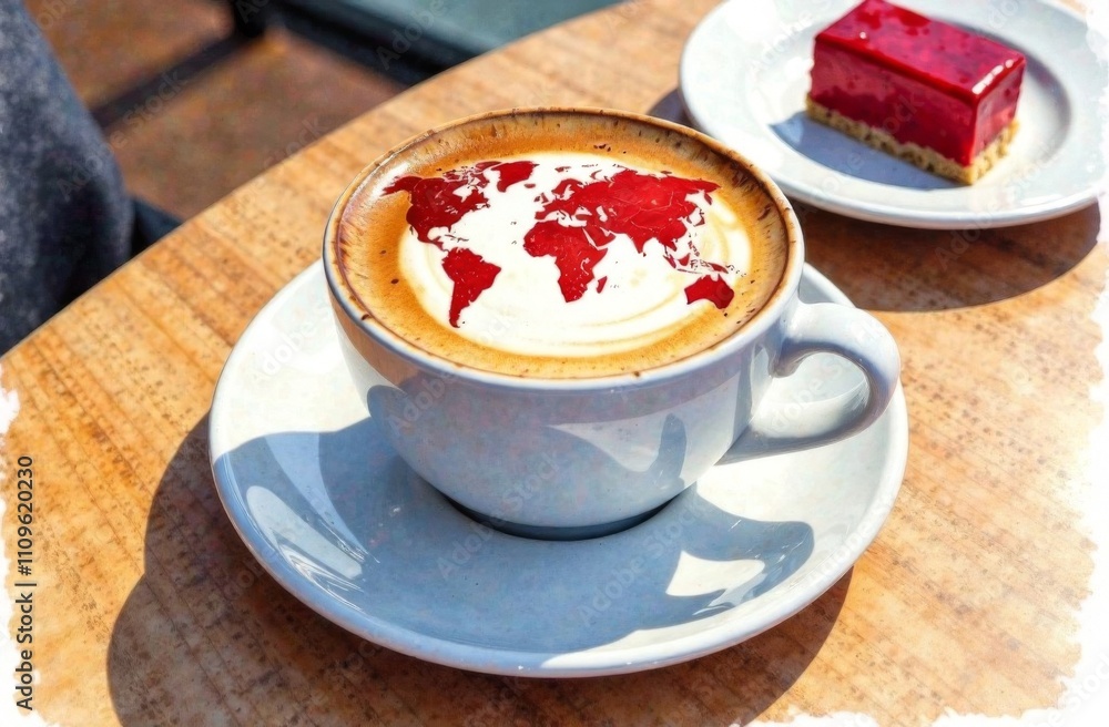 World map made of cinnamon on cappuccino foam. Cup of coffee, dessert, boarding passes. Travel concept. Cappuccino at the airport World map made of cinnamon on cappuccino foam. Cup of coffee, dessert, boarding passes. Travel concept. Cappuccino at the airport