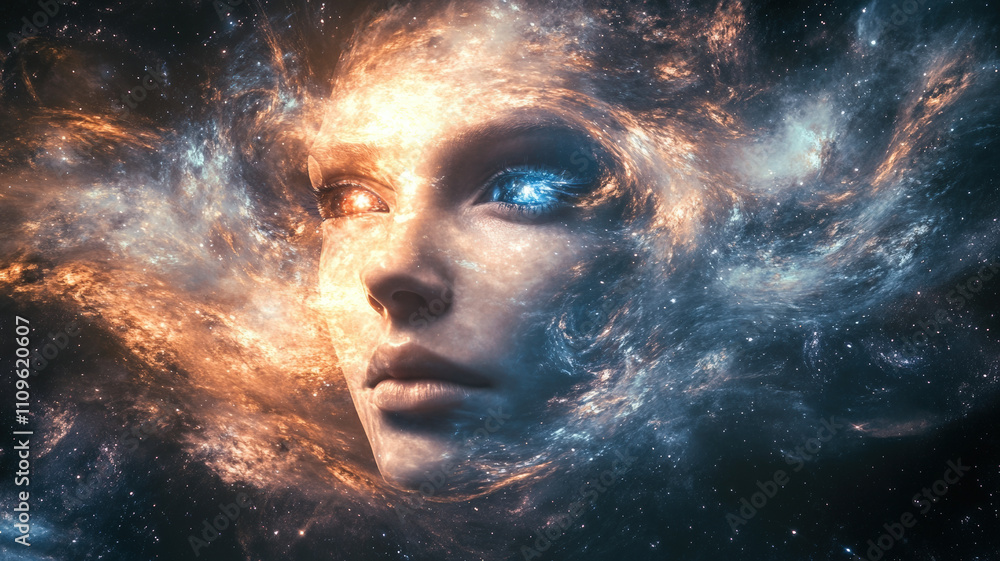 Mystical cosmic woman’s face with glowing eyes, surrounded by stars, nebula, and galactic light in space Mystical cosmic woman’s face with glowing eyes, surrounded by stars, nebula, and galactic light in space