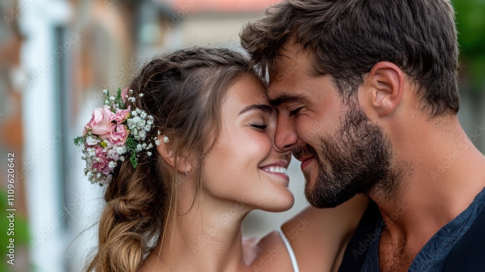 A newlywed couple lovingly embraces, with the bride wearing flowers in her hair, symbolizing joy, love, and the beginning of a new journey together. A newlywed couple lovingly embraces, with the bride wearing flowers in her hair, symbolizing joy, love, and the beginning of a new journey together.