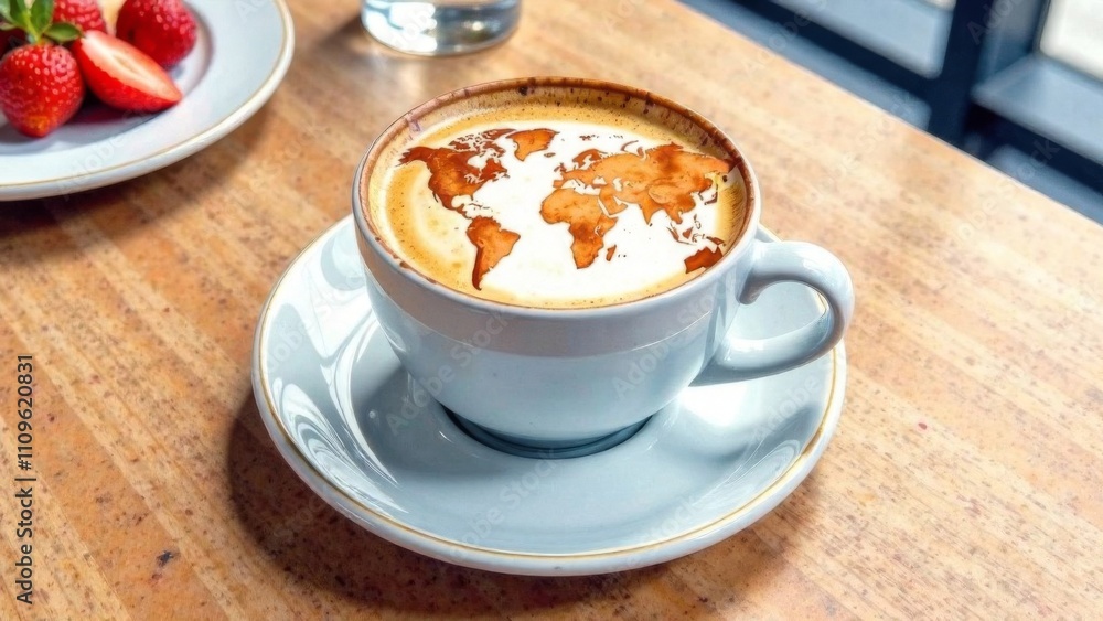 World map made of cinnamon on cappuccino foam. Cup of coffee, dessert, boarding passes. Travel concept. Cappuccino at the airport World map made of cinnamon on cappuccino foam. Cup of coffee, dessert, boarding passes. Travel concept. Cappuccino at the airport
