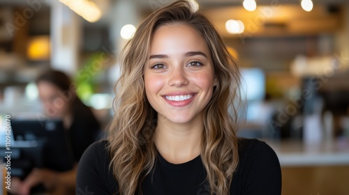 A young woman with long hair and a bright smile enjoys a casual indoor setting, conveying friendliness, warmth, and positivity in a comfortable atmosphere.