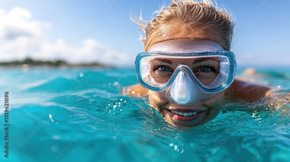 Naklejka premium A woman is snorkeling in the clear ocean waters, wearing goggles and enjoying the underwater world, highlighting adventure and exploration on a bright sunny day.