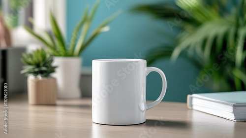 A white coffee mug sits on a wooden desk amidst green plants and office books in a well-lit office room, creating a serene and organized work ambiance.