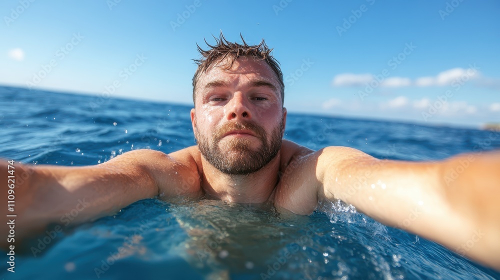 A strong, bearded man confidently swims in expansive open water, conveying resilience, adventure, and the exhilarating feeling of exploring and embracing nature. A strong, bearded man confidently swims in expansive open water, conveying resilience, adventure, and the exhilarating feeling of exploring and embracing nature.