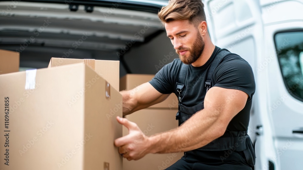 A dedicated delivery worker wearing black is attentively handling a cardboard box near an open vehicle, showcasing diligence and careful service in logistics. A dedicated delivery worker wearing black is attentively handling a cardboard box near an open vehicle, showcasing diligence and careful service in logistics.
