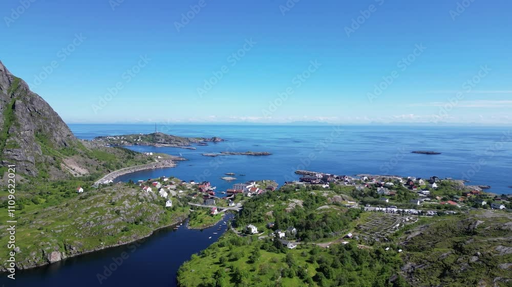 Aerial shot of A, Norway small fishing village in Lofoten Islands Aerial shot of A, Norway small fishing village in Lofoten Islands