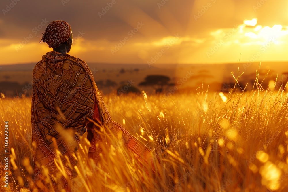 Fototapeta premium A serene figure overlooks golden fields during a stunning sunset.