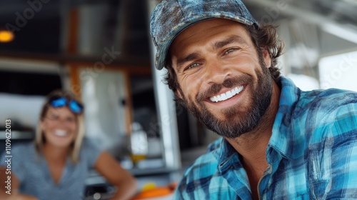 Wallpaper Mural A cheerful man wearing a plaid shirt smiles brightly at the camera, with a blurred woman in the background at an outdoor cafe, capturing a candid moment of joy. Torontodigital.ca