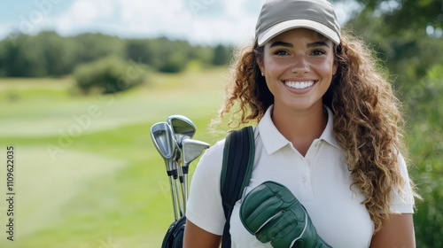 A cheerful woman golfer in a polo shirt and cap stands smiling with a golf bag of clubs over her shoulder against a lush, sunlit golf course background. photo