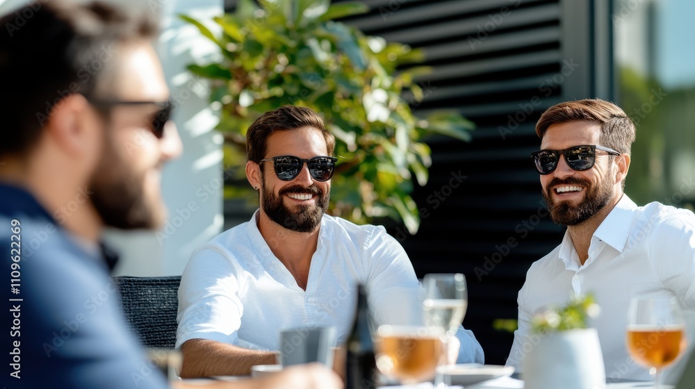 Several individuals enjoy a leisurely drink at a sun-drenched outdoor cafe, engaged in cheerful conversation, showcasing a moment of friendship and relaxation. Several individuals enjoy a leisurely drink at a sun-drenched outdoor cafe, engaged in cheerful conversation, showcasing a moment of friendship and relaxation.