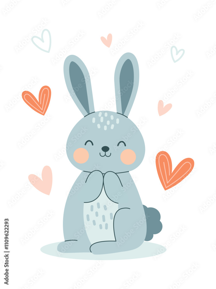 Gray cute bunny in hearts isolated on white background Gray cute bunny in hearts isolated on white background