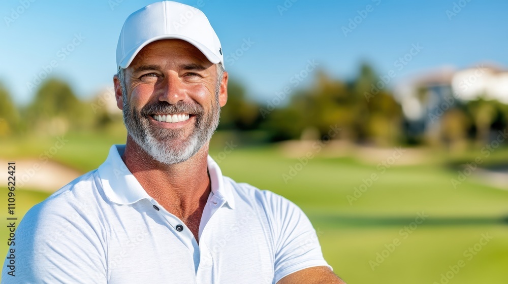 A cheerful man wearing a white cap and polo shirt smiling widely while standing outdoors on a sunny day at a lush golf course with clear skies and green surroundings. A cheerful man wearing a white cap and polo shirt smiling widely while standing outdoors on a sunny day at a lush golf course with clear skies and green surroundings.