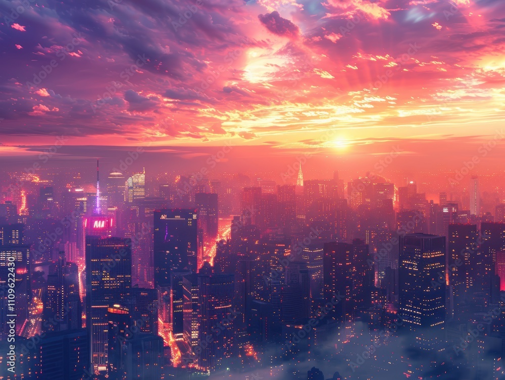 Obraz premium A vibrant sunset over a bustling city skyline, showcasing urban beauty.