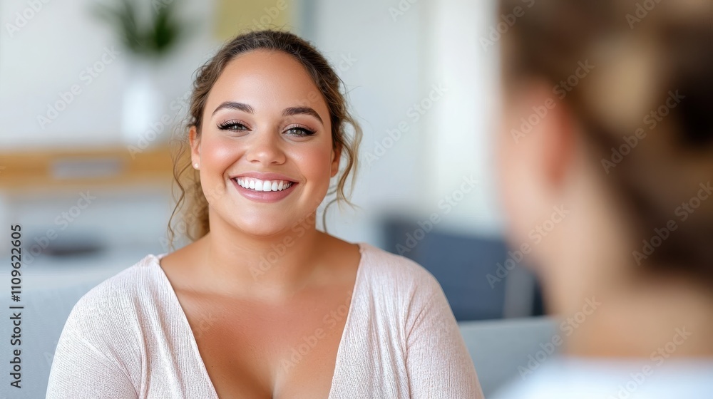A joyful woman sits across from her friend, smiling during a casual chat in a well-lit room, conveying warmth and connection in their delightful exchange. A joyful woman sits across from her friend, smiling during a casual chat in a well-lit room, conveying warmth and connection in their delightful exchange.