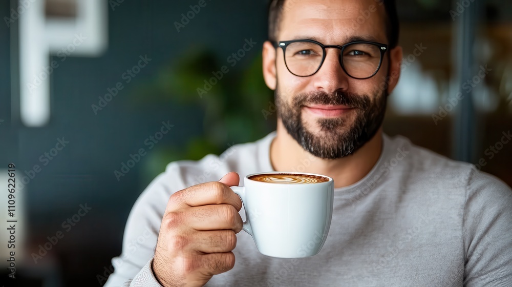 A cheerful man with glasses delights in his latte at a chic cafe, enjoying the ambiance and warmth, representing leisure and everyday happiness amidst routine life. A cheerful man with glasses delights in his latte at a chic cafe, enjoying the ambiance and warmth, representing leisure and everyday happiness amidst routine life.