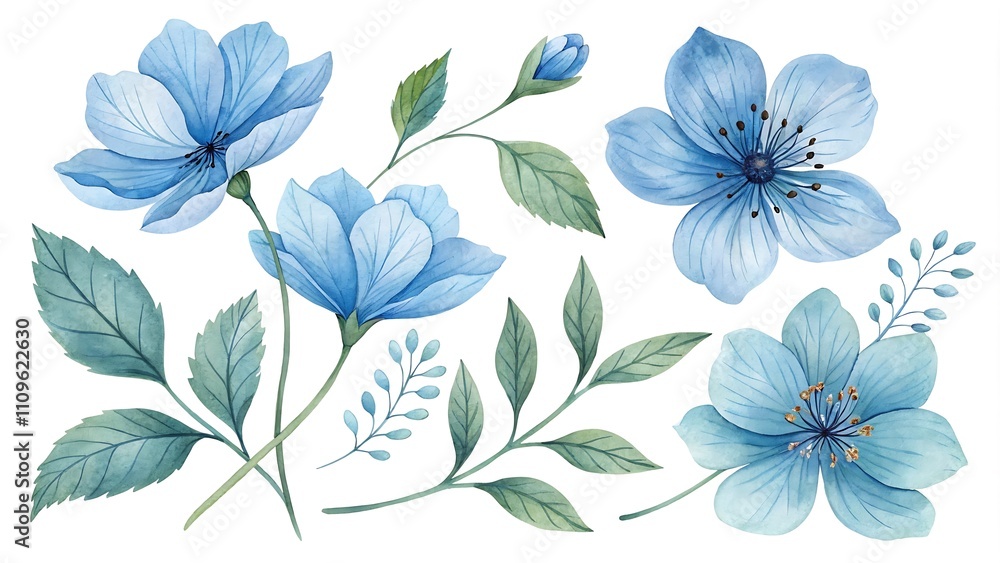 Obraz premium Watercolor blue Flower and leaf