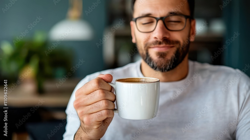 A content man with glasses joyfully sips from his coffee mug, eyes closed, in a bright, modern kitchen, evoking a sense of warmth and relaxation in the morning. A content man with glasses joyfully sips from his coffee mug, eyes closed, in a bright, modern kitchen, evoking a sense of warmth and relaxation in the morning.