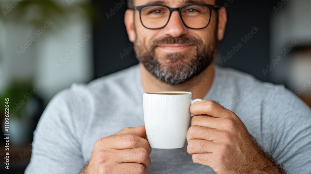 A cheerful man with glasses holds a mug with both hands, radiating happiness and relaxation in a cozy indoor setting, perfect for a leisurely morning moment. A cheerful man with glasses holds a mug with both hands, radiating happiness and relaxation in a cozy indoor setting, perfect for a leisurely morning moment.