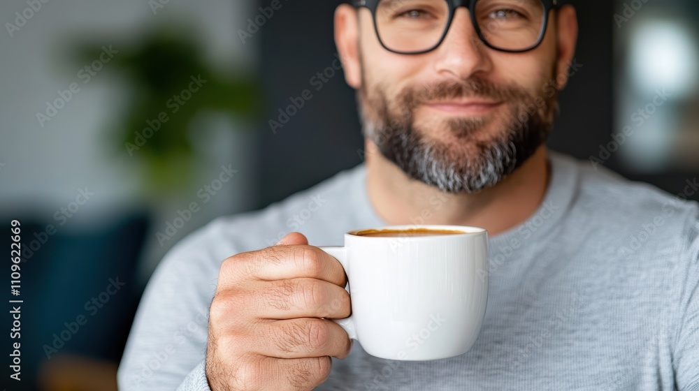 The man in glasses holds a coffee cup, smiling gently, in a comfortable space that highlights warmth and contentment, captured in a vibrant, bright environment. The man in glasses holds a coffee cup, smiling gently, in a comfortable space that highlights warmth and contentment, captured in a vibrant, bright environment.