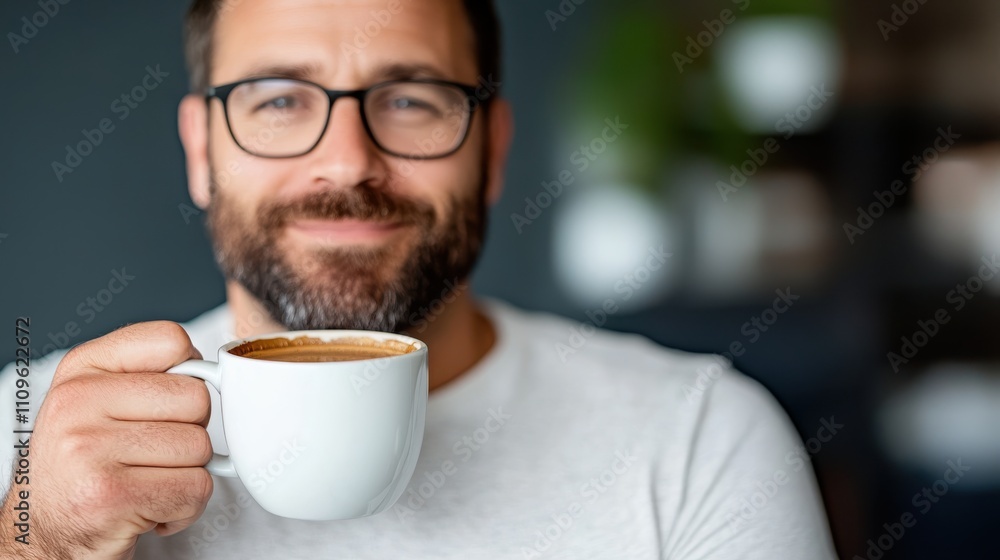 A content man with glasses affectionately holds his coffee cup, expressing relaxation and satisfaction in a warmly lit, serene home environment, embracing pure comfort. A content man with glasses affectionately holds his coffee cup, expressing relaxation and satisfaction in a warmly lit, serene home environment, embracing pure comfort.