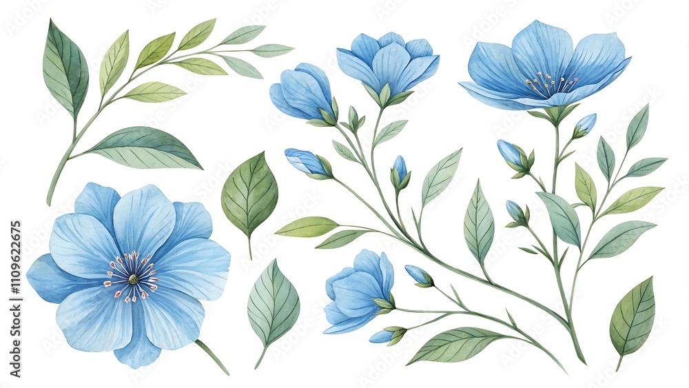 Fototapeta premium Watercolor blue Flower and leaf