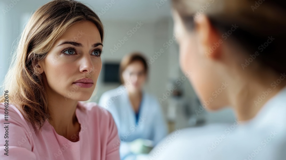 In a medical consultation setting, a serious-looking woman listens intently to another unseen individual. A medical professional is visible in the blurred background. In a medical consultation setting, a serious-looking woman listens intently to another unseen individual. A medical professional is visible in the blurred background.