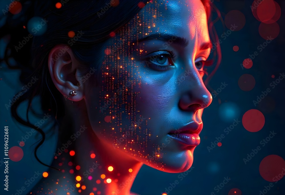 A pixelated abstract face blending human features with glitch effects, merging into lines of code, set against a glowing circuitry background. A pixelated abstract face blending human features with glitch effects, merging into lines of code, set against a glowing circuitry background.