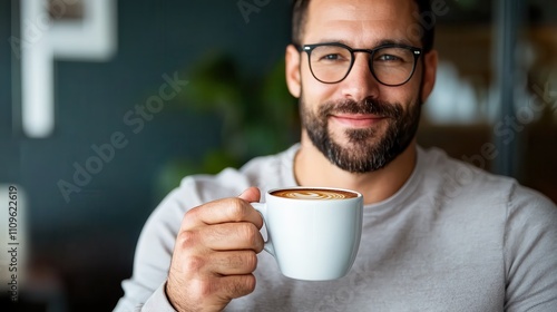 A cheerful man with glasses delights in his latte at a chic cafe, enjoying the ambiance and warmth, representing leisure and everyday happiness amidst routine life. photo