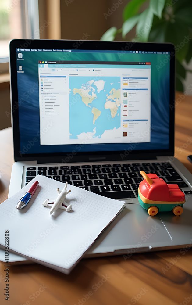 Items on a laptop screen signify preparations for travel and holiday planning, including documents and toys that represent an upcoming trip._00001_ Items on a laptop screen signify preparations for travel and holiday planning, including documents and toys that represent an upcoming trip._00001_
