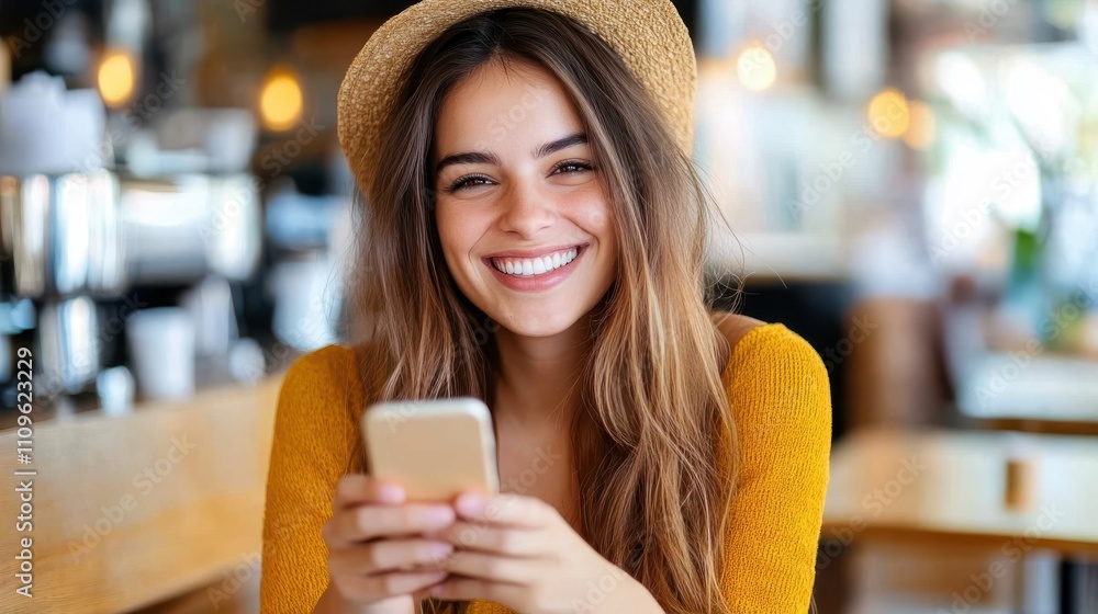 A cheerful woman, adorned with a stylish hat, uses her smartphone in a lively café setting, showcasing warmth and modern connectivity. A cheerful woman, adorned with a stylish hat, uses her smartphone in a lively café setting, showcasing warmth and modern connectivity.