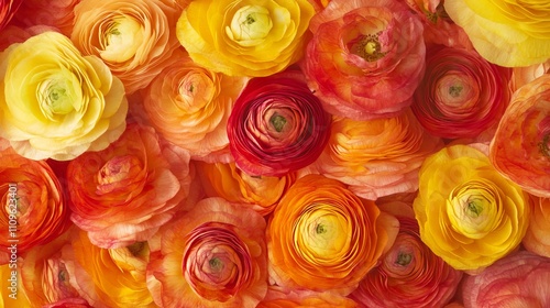 Ranunculus flower petals up close, resembling a Persian buttercup rose bloom. A stunning backdrop for holidays, featuring a botanical banner print background.  photo